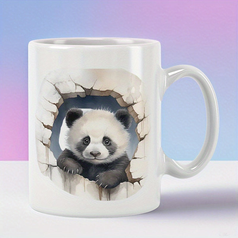 Tailorly White Ceramic 11 oz Mug - Adorable Baby Animal Peeking Through Realistic Cracked White Wall Panda