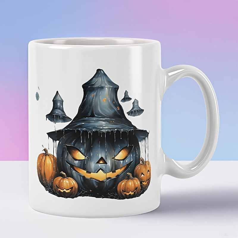 Tailorly White Ceramic 11 oz Mug - Spooky Dark Jack O Lantern Wearing Large Wizard Hat Among Festive Pumpkins