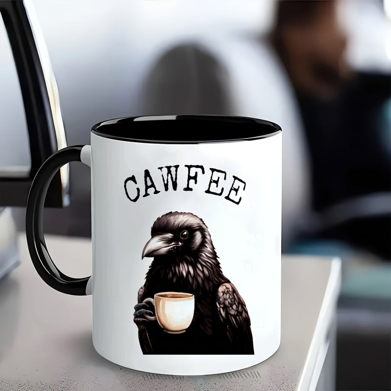 Tailorly Black Accent 11 oz Mug - funny crow with cawfee label