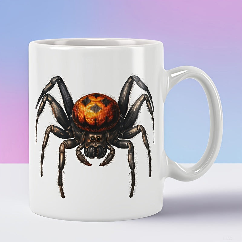 Tailorly White Ceramic 11 oz Mug - Creepy Black Realistic Spider With Glowing Jack O Lantern Abdomen Spider