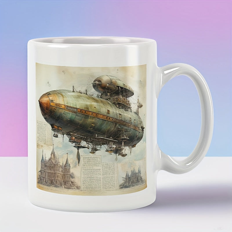Tailorly White Ceramic 11 oz Mug - Vintage Steampunk Airship Flying Over Ancient Gothic Architectural Buildings With Details Airship