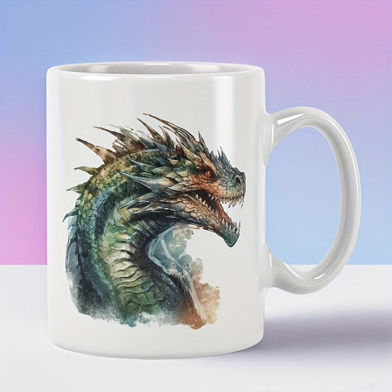 Tailorly White Ceramic 11 oz Mug - Mythical Majestic Creature With Detailed Scales And Sharp Horns Fantastical Dragon
