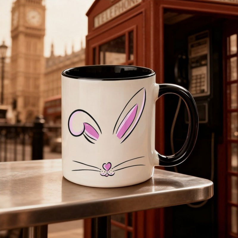 Tailorly Black Accent 11 oz Mug - cute cartoon bunny with pink ears black heart shaped nose