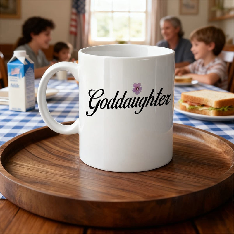 Tailorly White Ceramic 11 oz Mug - Goddaughter Elegant Cursive Script Beside A Small Delicate Purple Blooming Flower