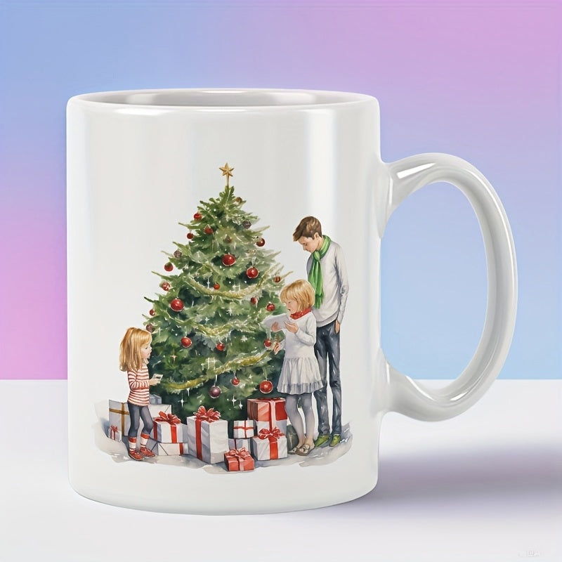 Tailorly White Ceramic 11 oz Mug - Cozy Family Decorating Evergreen Pine Among Wrapped Holiday Gift Boxes Christmas Tree