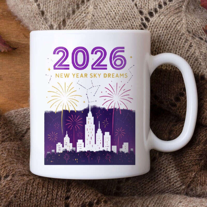 Tailorly White Ceramic 11 oz Mug - 2026 New Year Sky Dreams Vibrant City Skyline Under Sparkling Fireworks And Starry Mug