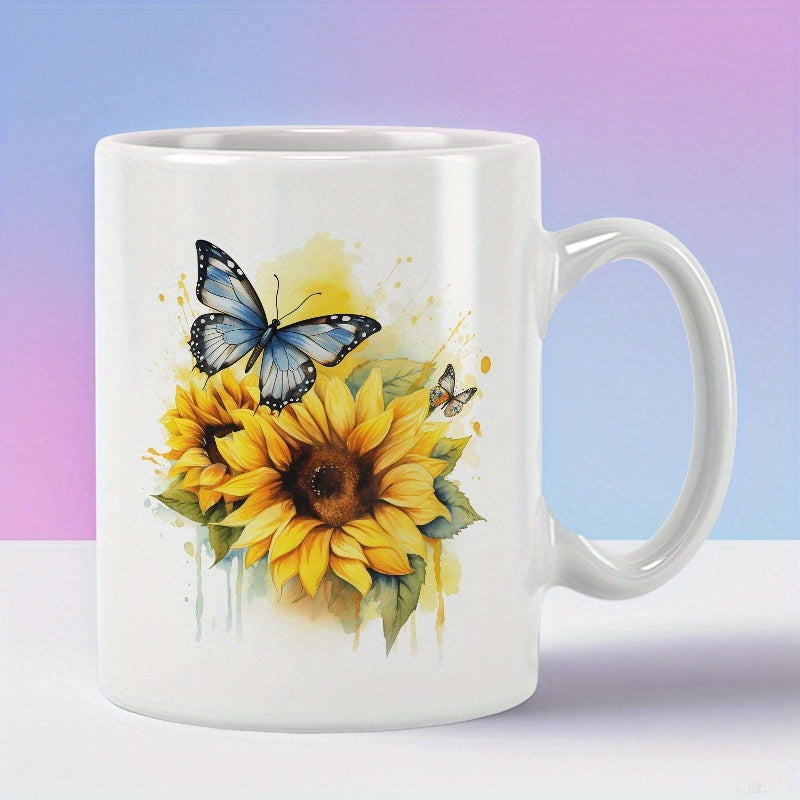 Tailorly White Ceramic 11 oz Mug - Vibrant Blue Butterfly Resting Upon Golden Watercolor Petals And Sunflower