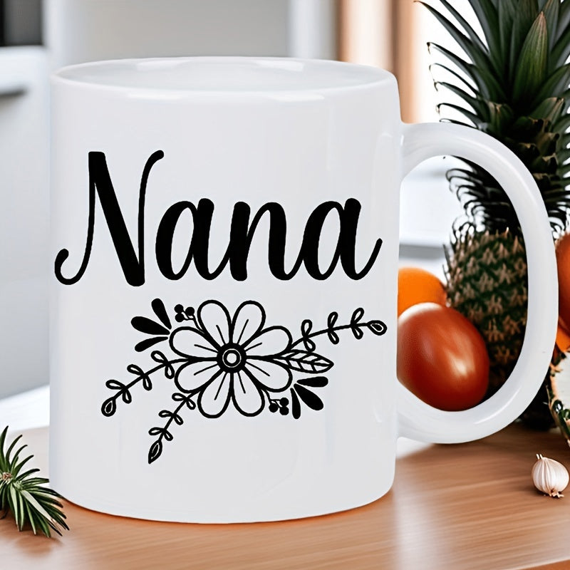 Tailorly White Ceramic 11 oz Mug - Nana Elegant Minimalist Black Line Art With Delicate Leaves And Petals Flower