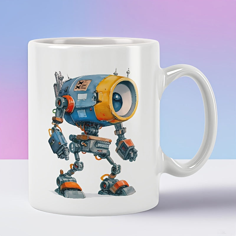 Tailorly White Ceramic 11 oz Mug - Mechanical Metallic Standing Form With Large Yellow Lens And Blue Body Robot