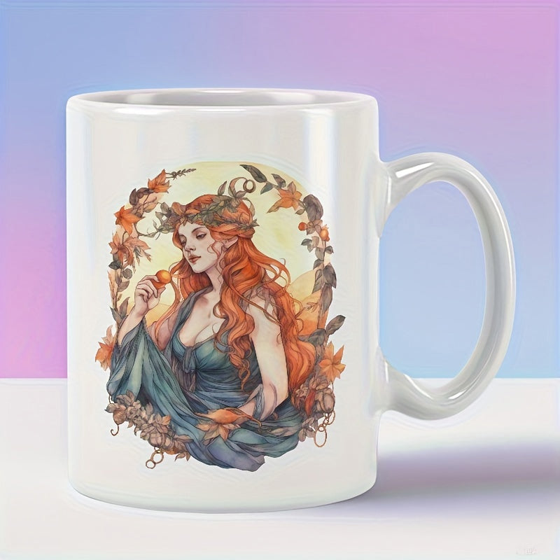 Tailorly White Ceramic 11 oz Mug - Ethereal Autumn Forest Lady With Long Flowing Red Hair Sitting Among Leaves Woman