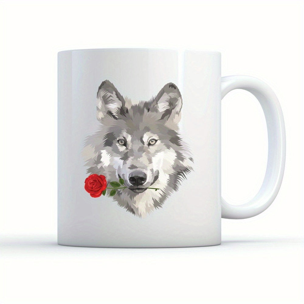 Tailorly White Ceramic 11 oz Mug - Detailed Artistic Illustration Of Wild Grey Animal Biting Single Red Rose Wolf