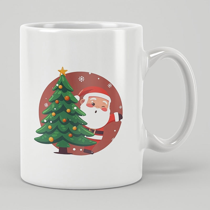 Tailorly White Ceramic 11 oz Mug - Festive Green Holiday Tree Standing Beside A Joyful Cartoon Santa Claus