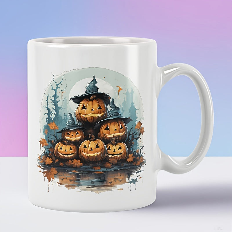 Tailorly White Ceramic 11 oz Mug - Spooky Carved Pumpkins Wearing Pointy Witch Hats Among Falling Dry Autumn Leaves Pumpkin