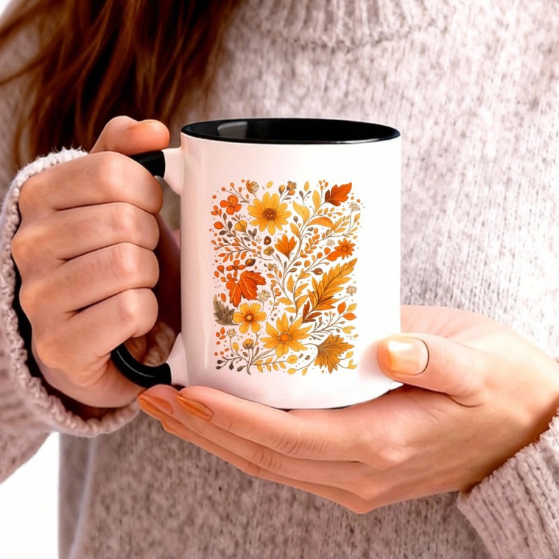 Tailorly Black Accent 11 oz Mug - autumn flowers and leaves in orange yellow and white background
