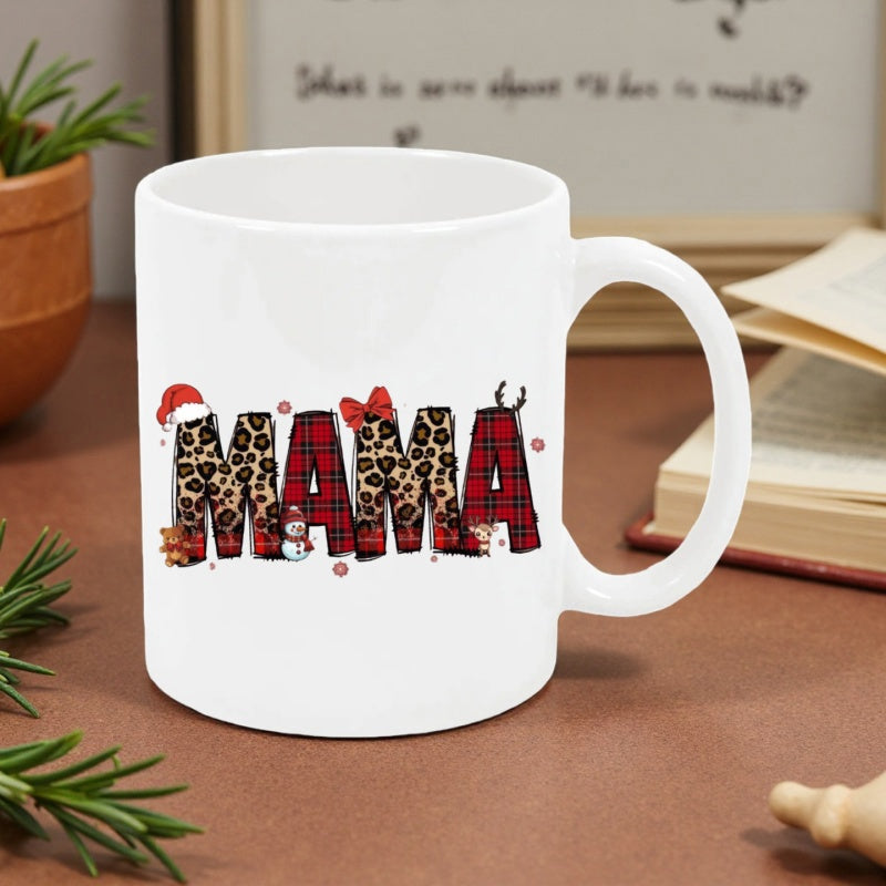 Tailorly White Ceramic 11 oz Mug - Mama Leopard Print Buffalo Plaid Patterns With Festive Holiday Seasonal Accessories Mug