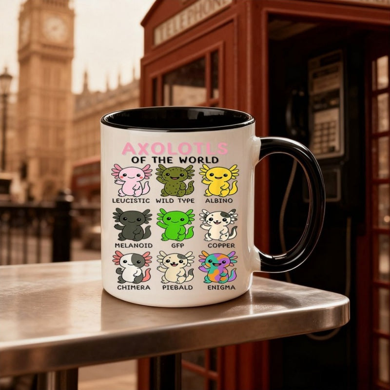 Tailorly Black Accent 11 oz Mug - axolotls of the world with 9 types leucistic melanoid gfp