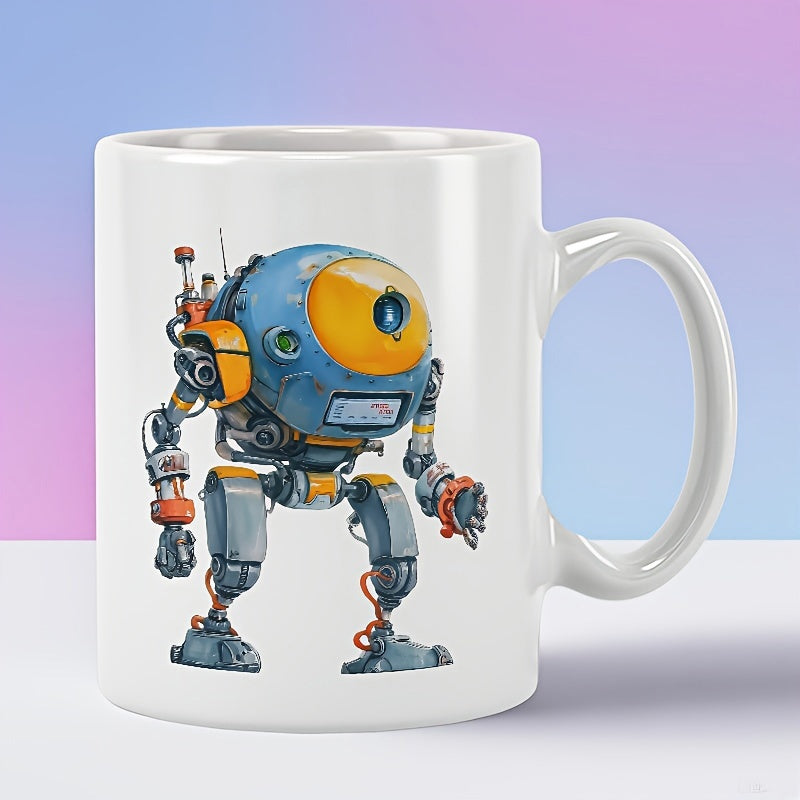 Tailorly White Ceramic 11 oz Mug - Spherical Blue And Yellow Mechanical Body Standing On Sturdy Metallic Legs Robot