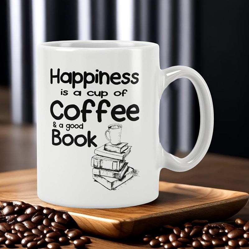 Tailorly White Ceramic 11 oz Mug - Happiness Is A Cup Of Coffee And A Good Book Minimalist Black Ink Drawing Of Stacked Educational Literature With Small Steaming