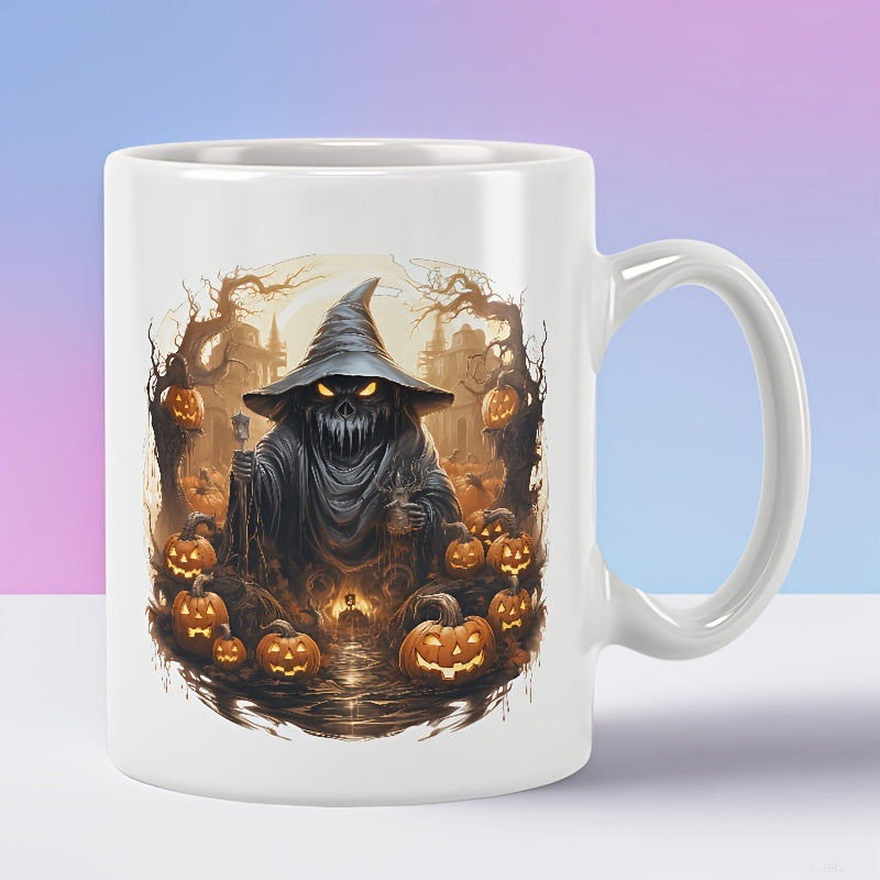 Tailorly White Ceramic 11 oz Mug - Dark Hooded Figure With Glowing Eyes Among Carved Halloween Pumpkins Wizard