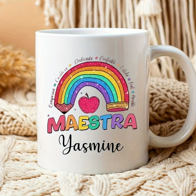 Tailorly White Ceramic 11 oz Mug - Yasmine Colorful Pencil Arched Among Vibrant Stripes And A Pink Apple Rainbow