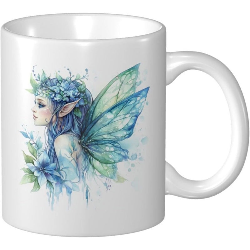 Tailorly White Ceramic 11 oz Mug - Watercolor Style With Delicate Wings And Blue Flowers Surrounding The Ethereal Fairy