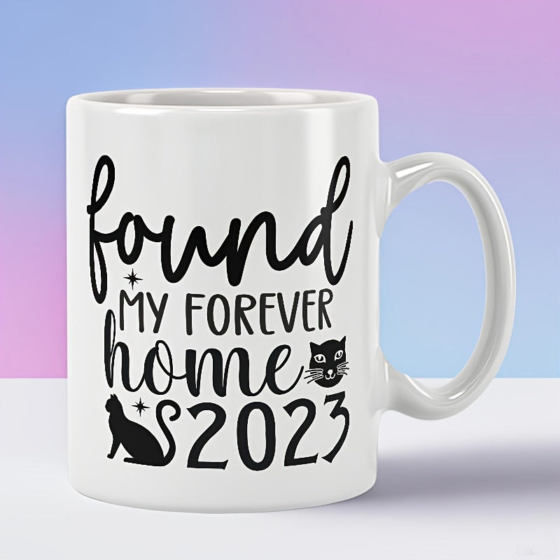 Tailorly White Ceramic 11 oz Mug - Found My Forever Home 2023 Minimalist Black Feline Silhouettes With Twinkle Icons Cat
