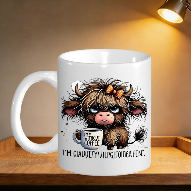 Tailorly White Ceramic 11 oz Mug - Without Coffee Grumpy Highland Cow With Messy Hair And Yellow Bow Holding Mug Cow