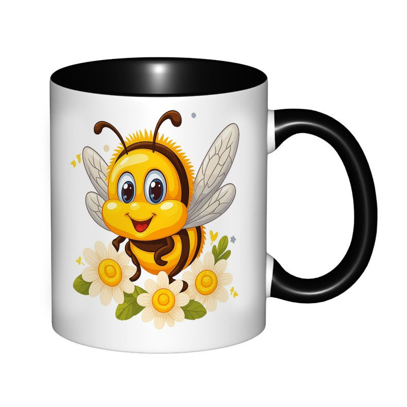 Tailorly Black Accent 11 oz Mug - adorable cartoon bee with daisy flowers