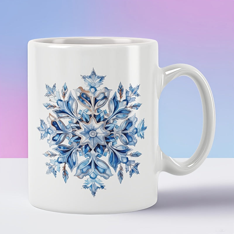 Tailorly White Ceramic 11 oz Mug - Intricate Blue And White Winter Pattern With Delicate Watercolor Textures Snowflake