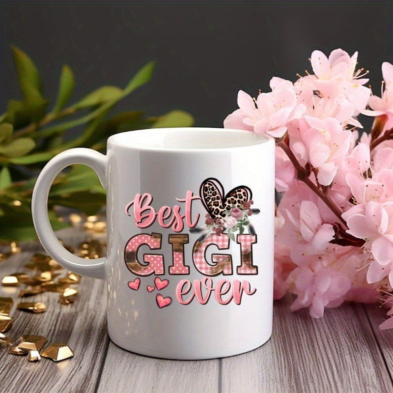 Tailorly White Ceramic 11 oz Mug - Best Gigi Ever Leopard Print Heart With Delicate Floral Accents And Small Pink Floating Heart