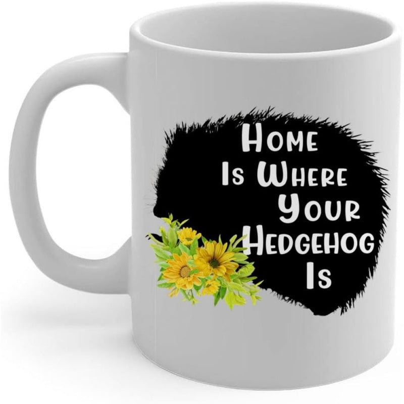 Tailorly White Ceramic 11 oz Mug - Home Is Where Your Hedgehog Is Black Animal Silhouette With Vibrant Yellow Blossoms Among Leaves Hedgehog