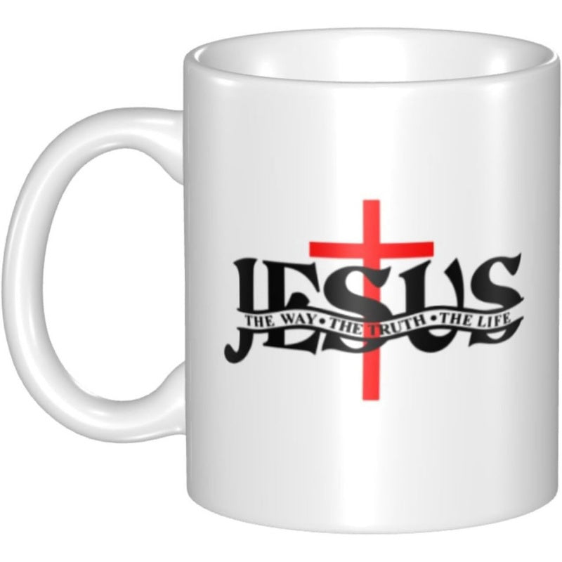 Tailorly White Ceramic 11 oz Mug - Jesus The Way The Truth The Life Bold Stylized Black Typography With Central Red Christian Symbol Cross