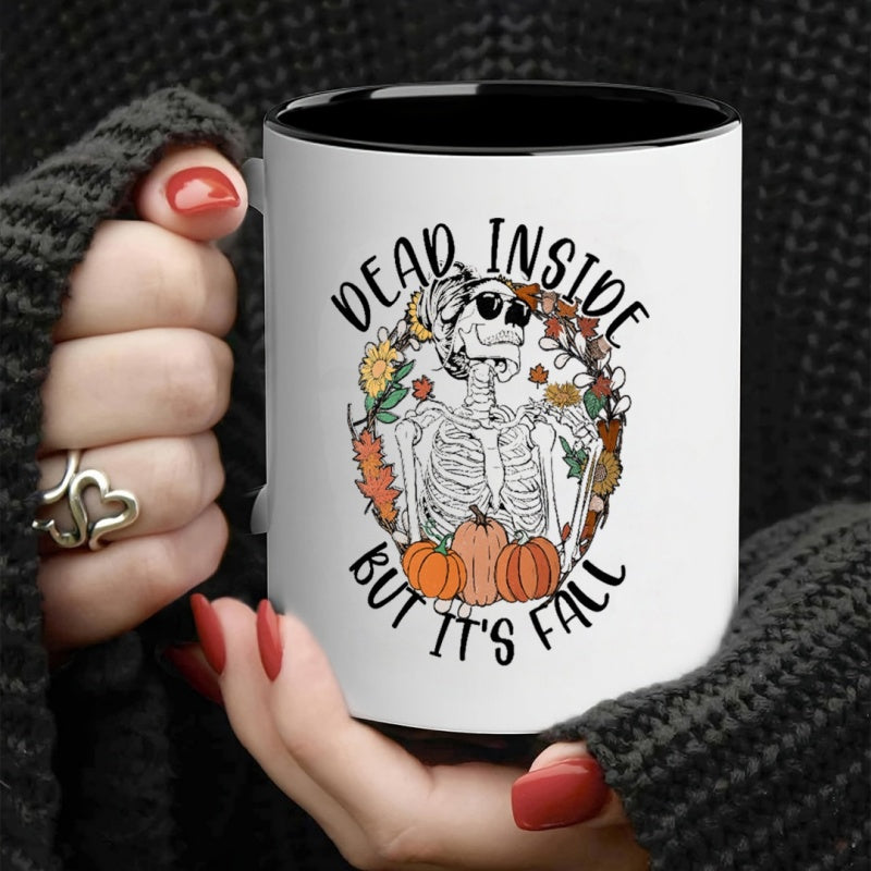 Tailorly Black Accent 11 oz Mug - fall skeleton pumpkin