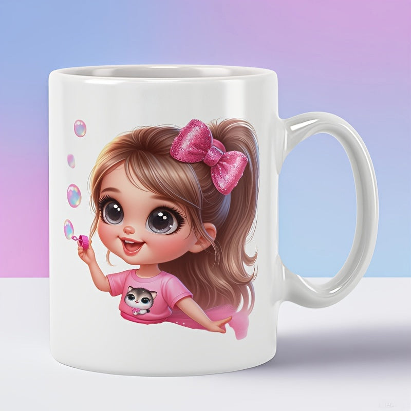 Tailorly White Ceramic 11 oz Mug - Adorable Cartoon Girl With Large Eyes Wearing Pink Bow Blowing Bubbles Girl