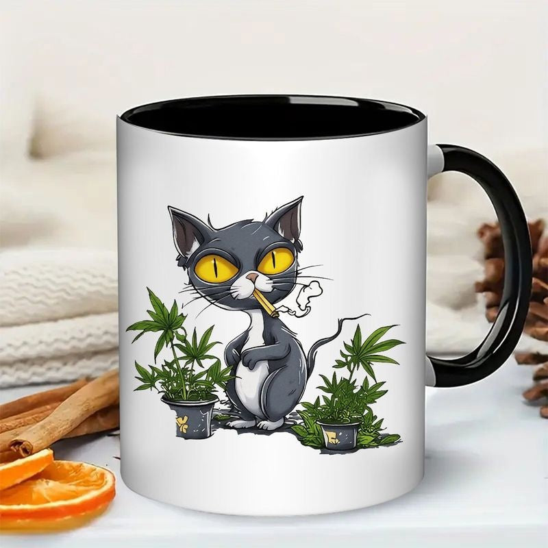 Tailorly Black Accent 11 oz Mug - cartoon cat with marijuana plants