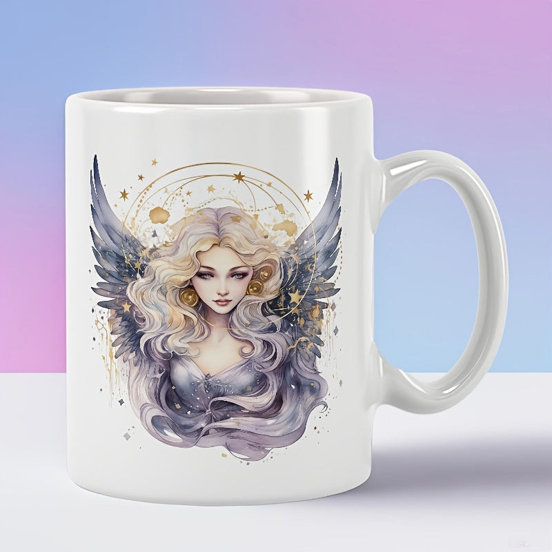 Tailorly White Ceramic 11 oz Mug - Celestial Maiden With Ethereal Wings Surrounded By Golden Starry Constellation Angel