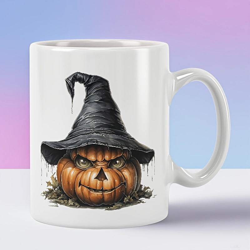 Tailorly White Ceramic 11 oz Mug - Spooky Tattered Witch Hat Wearing Grumpy Expression Among Dried Leaves Pumpkin