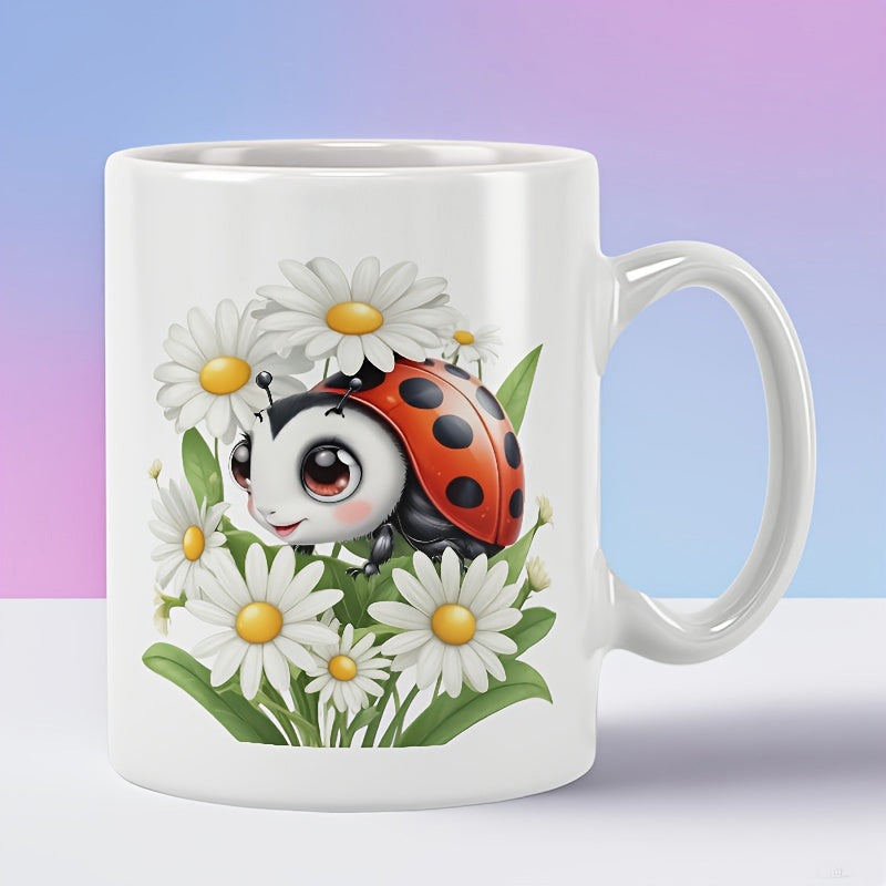 Tailorly White Ceramic 11 oz Mug - Charming Red Spotted Beetle Nestled Within White Garden Daisy Flowers Ladybug