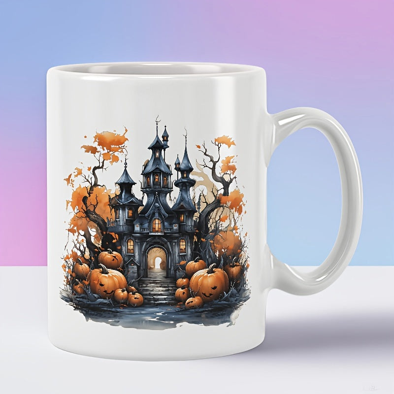 Tailorly White Ceramic 11 oz Mug - Spooky Gothic Haunted Castle Among Vibrant Autumn Trees And Carved Pumpkins Castle