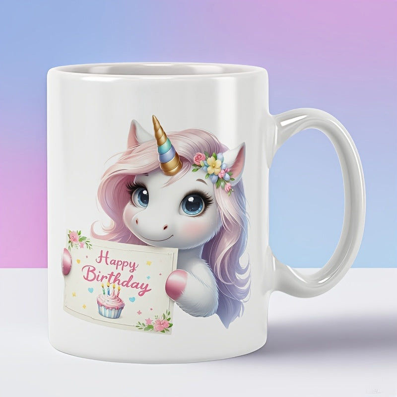 Tailorly White Ceramic 11 oz Mug - Happy Birthday Adorable Mythical Creature Holding A Festive Greeting Sign With Flowers Unicorn