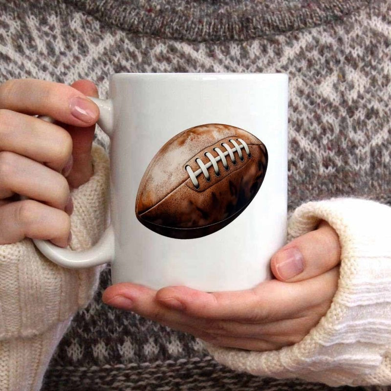 Tailorly White Ceramic 11 oz Mug - Vintage Brown Leather Texture Featuring White Stitched Laces Football