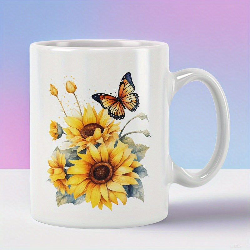 Tailorly White Ceramic 11 oz Mug - Vibrant Yellow Petals With Delicate Butterfly Resting On Golden Sunlit Sunflower