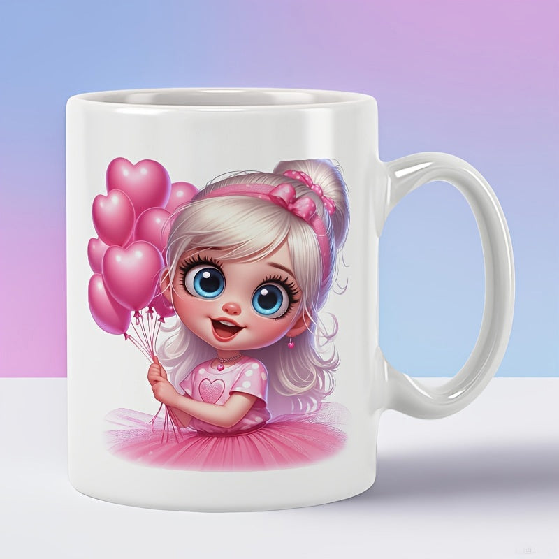 Tailorly White Ceramic 11 oz Mug - Adorable Little Character Holding Pink Heart Balloons In Tutu Dress Girl
