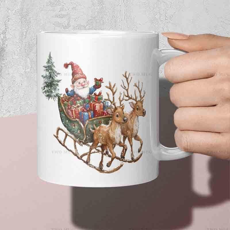 Tailorly White Ceramic 11 oz Mug - Festive Christmas Gnome Riding On A Gift Laden Reindeer Sleigh