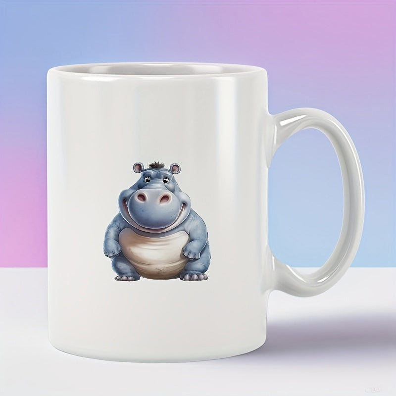 Tailorly White Ceramic 11 oz Mug - Chubby Cartoon Hippopotamus Sitting Peacefully On White Surface Background Hippo