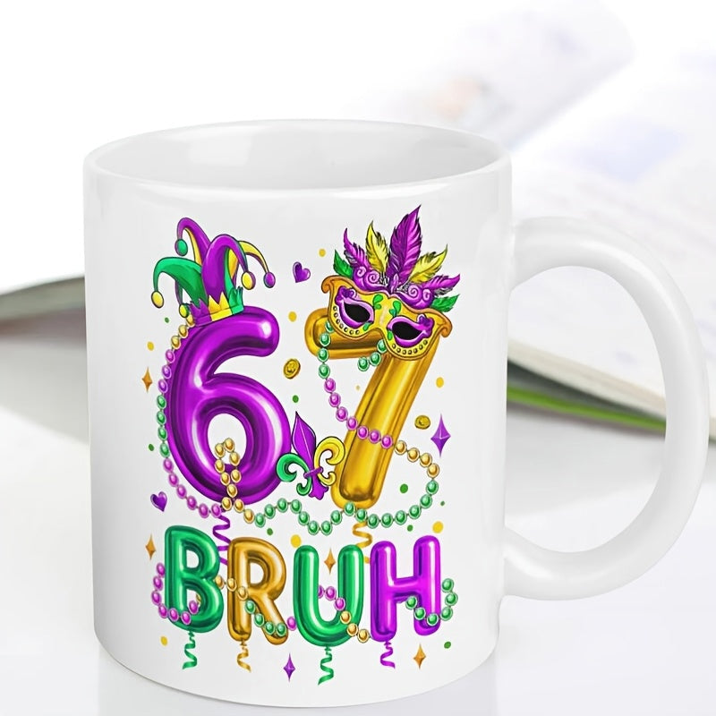 Tailorly White Ceramic 11 oz Mug - Bruh Colorful Festive Mardi Gras Featuring Carnival Mask And Jester Hat Numbers