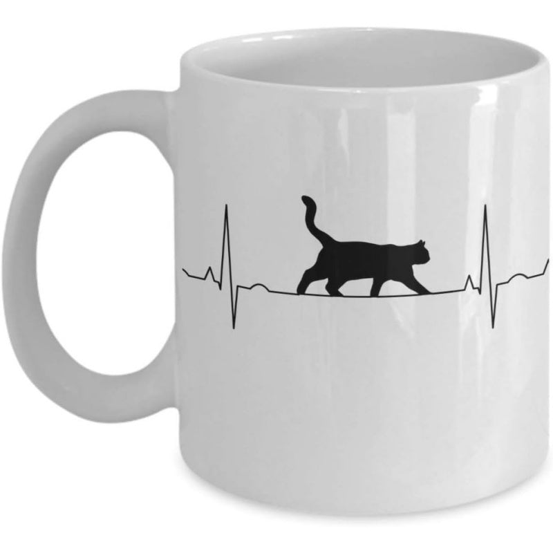 Tailorly White Ceramic 11 oz Mug - Sleek Black Silhouette Cat Walking Along A Minimalist Pulse Line Heartbeat Cat