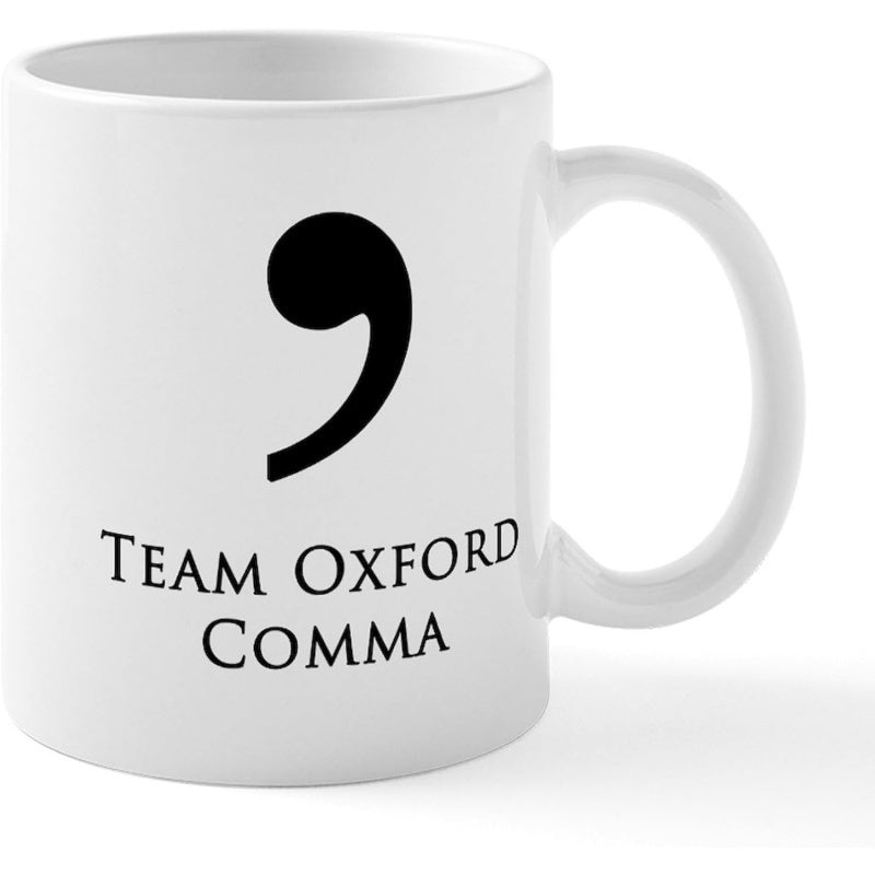 Tailorly White Ceramic 11 oz Mug - Team Oxford Comma Minimalist Black Ink Punctuation Mark Centered On A Ceramic White Comma
