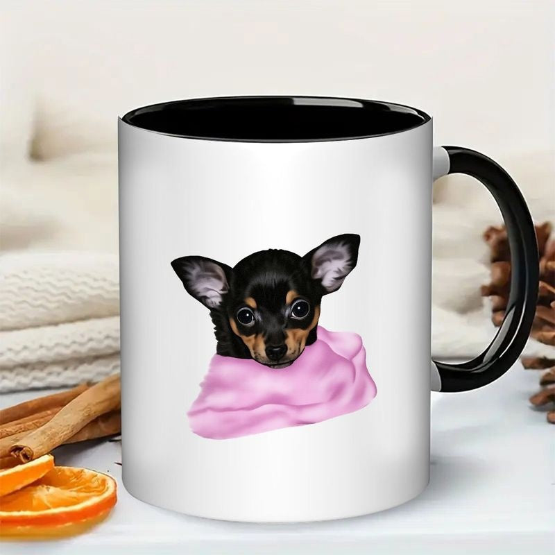 Tailorly Black Accent 11 oz Mug - cute chihuahua dog in pink blanket