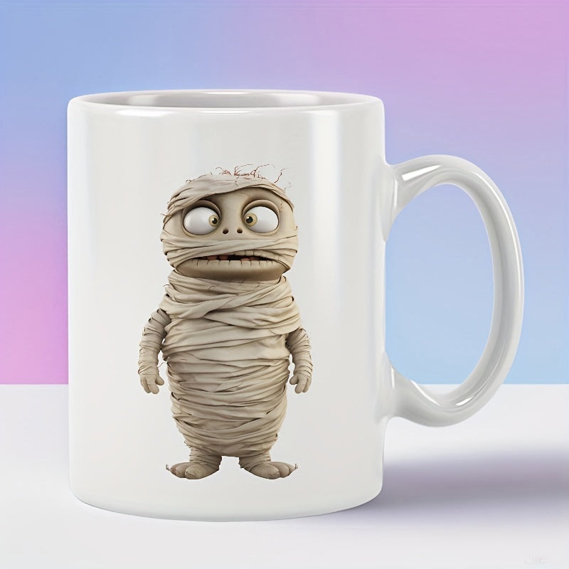 Tailorly White Ceramic 11 oz Mug - Little Cute Cartoon Mummy Wrapped In Old Ancient Beige Bandages Standing Mummy